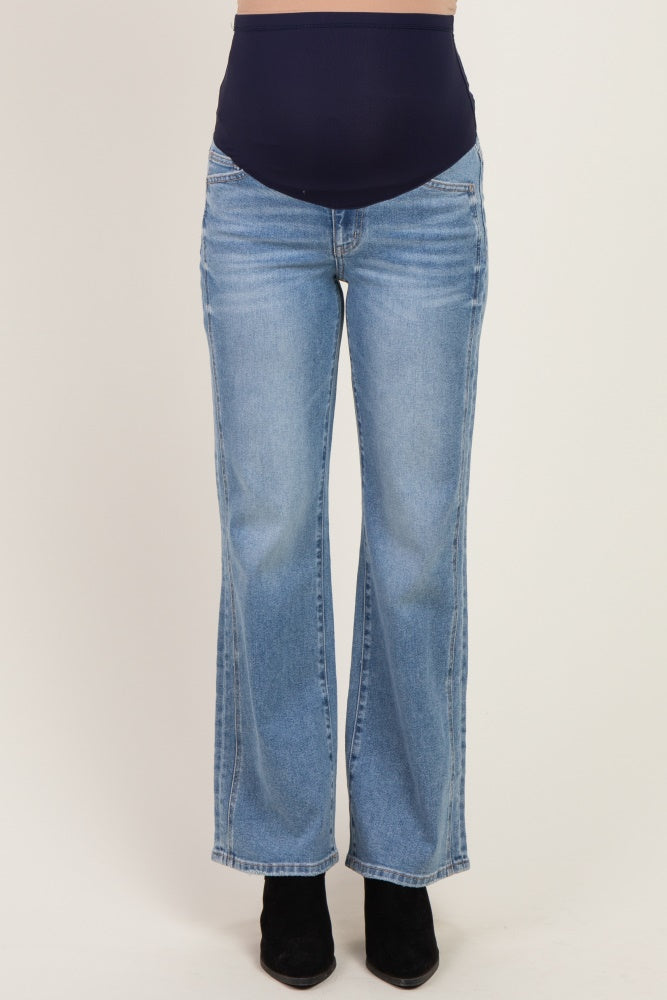 Blue Side Seam Detail Relaxed Bootcut Maternity Jeans