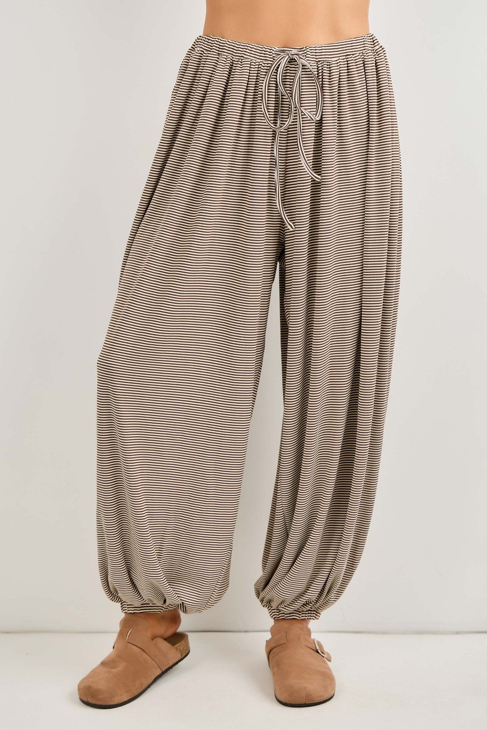 Brown Striped Knit Drawstring Pants
