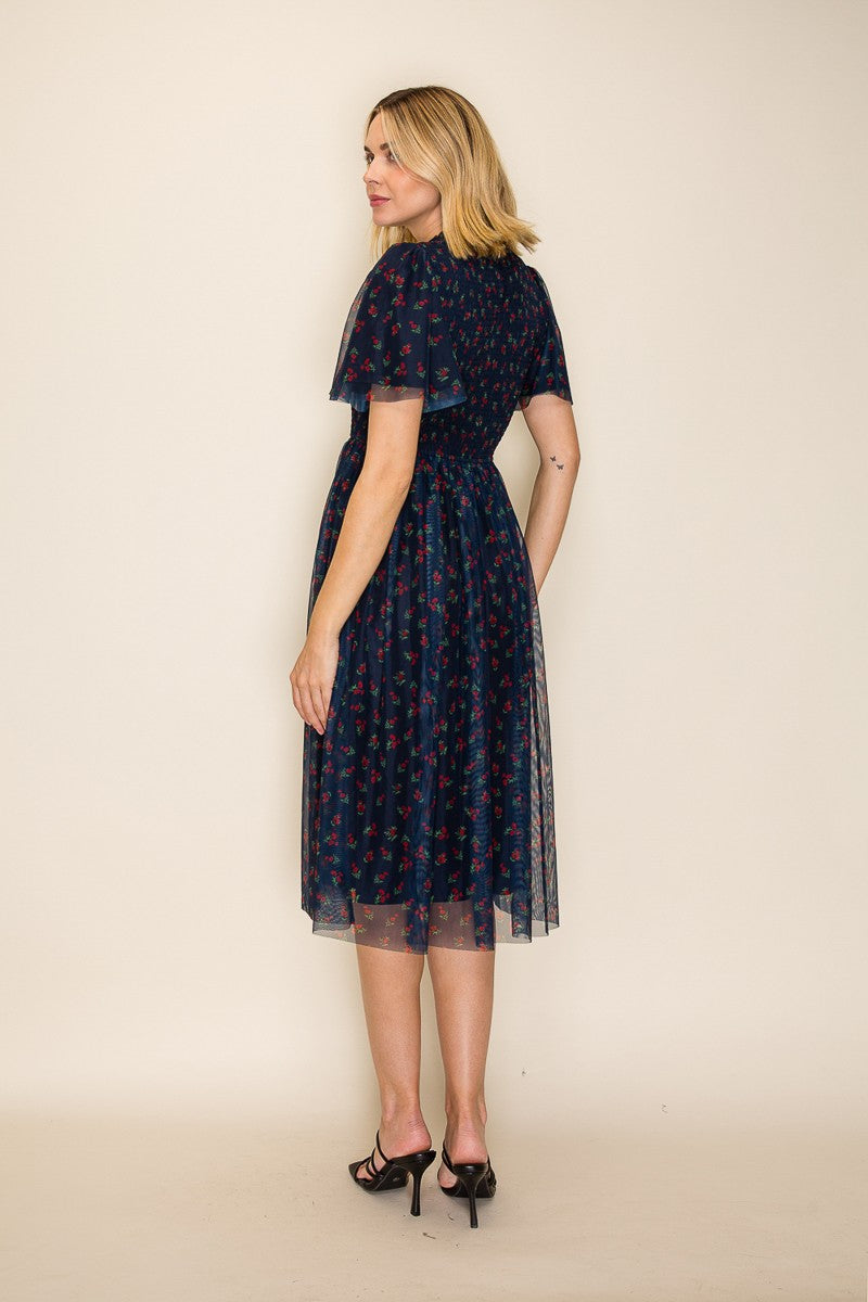 Dark Navy Floral Mesh Smocked Midi Dress