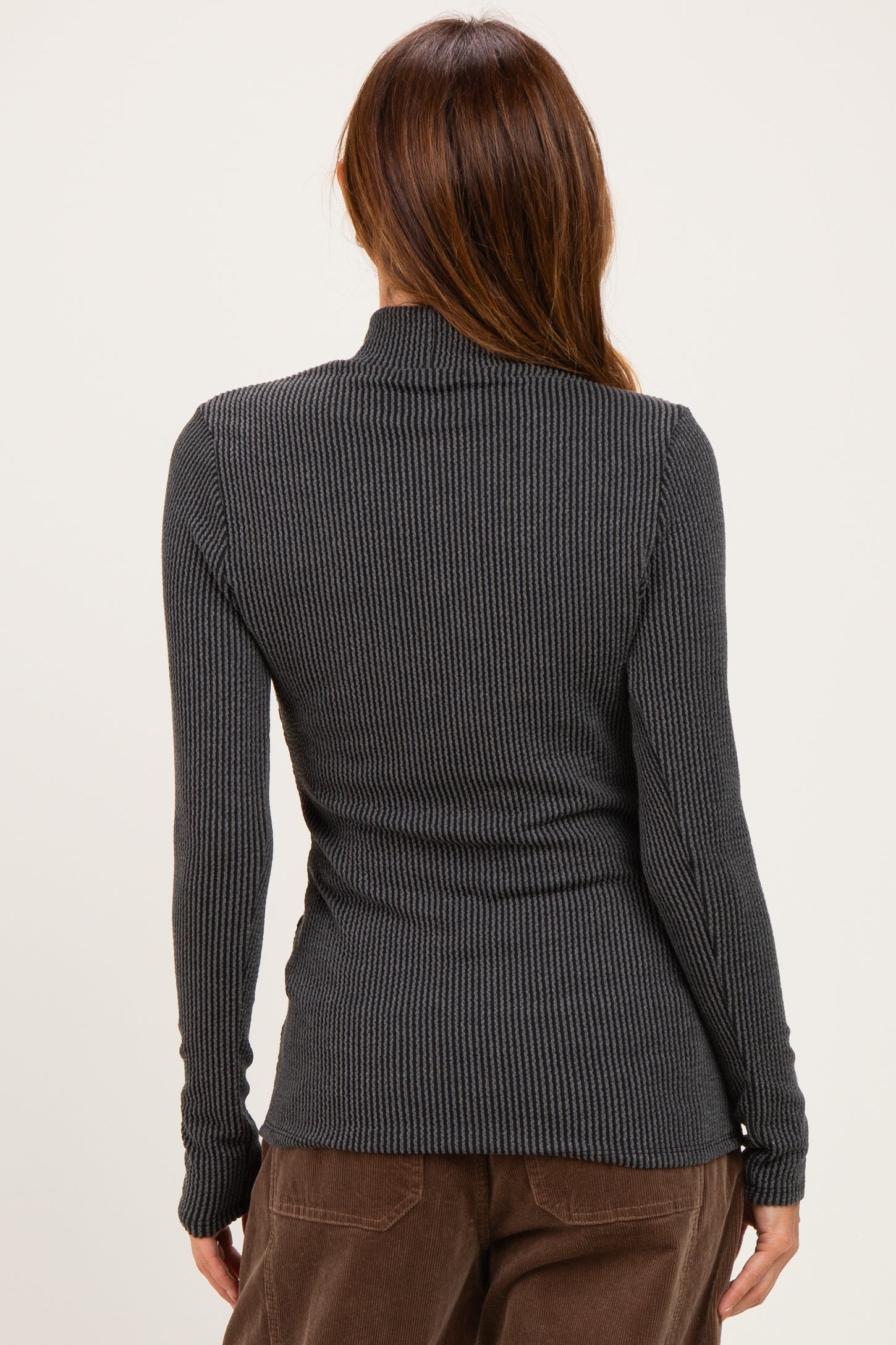 Charcoal Ribbed Fitted Mock Neck Long Sleeve Top
