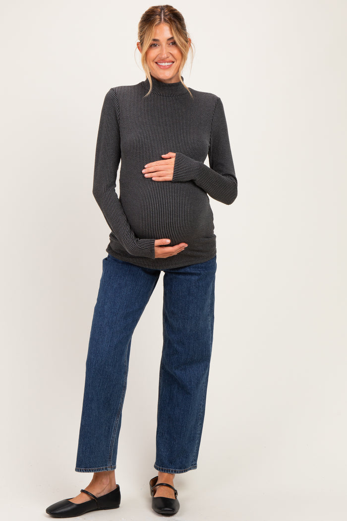 Charcoal Ribbed Fitted Mock Neck Long Sleeve Maternity Top