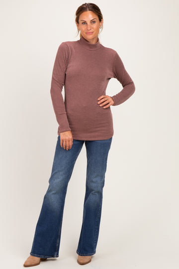 Brown Ribbed Fitted Mock Neck Long Sleeve Top