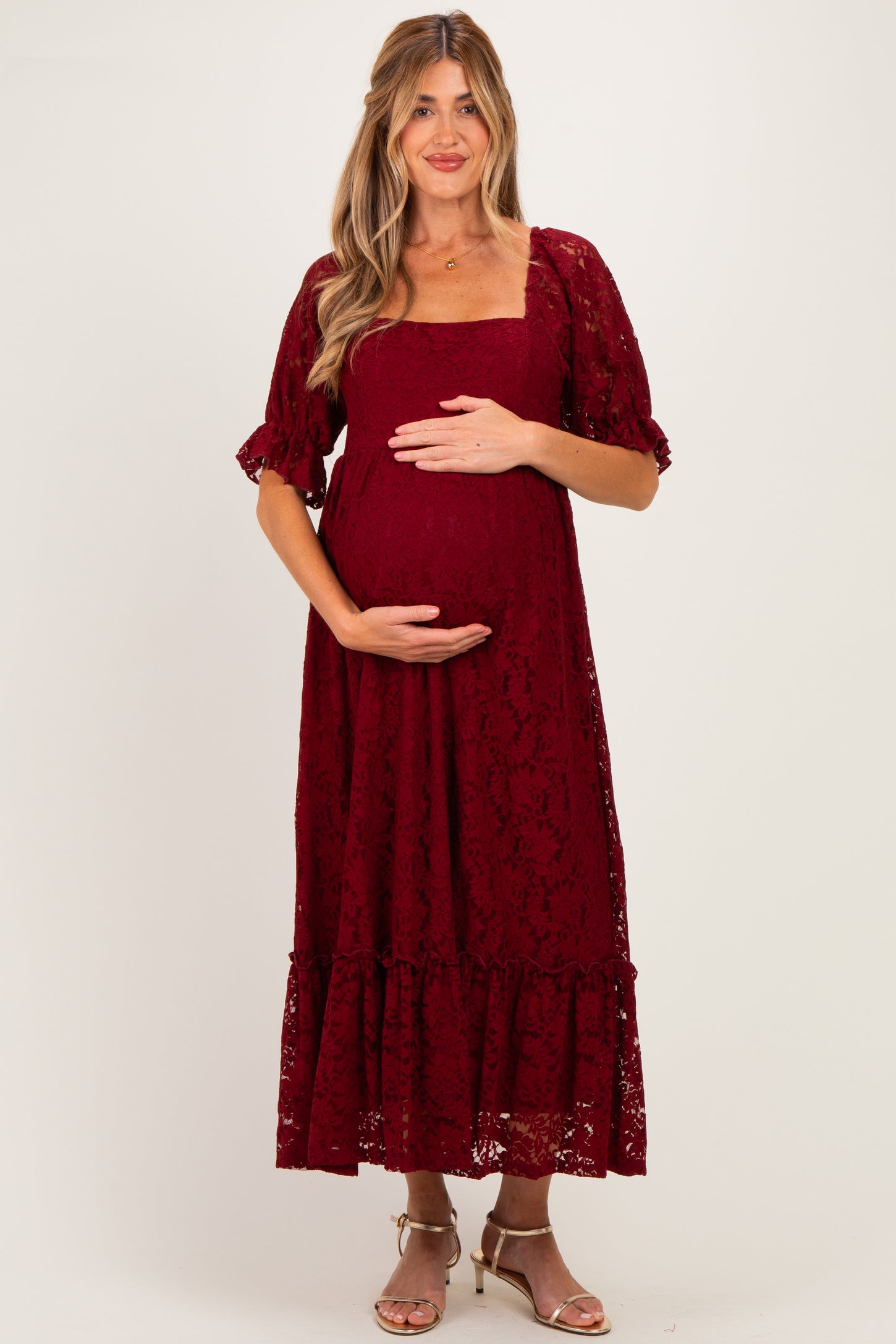 Burgundy Floral Lace Square Neck Maternity Maxi Dress