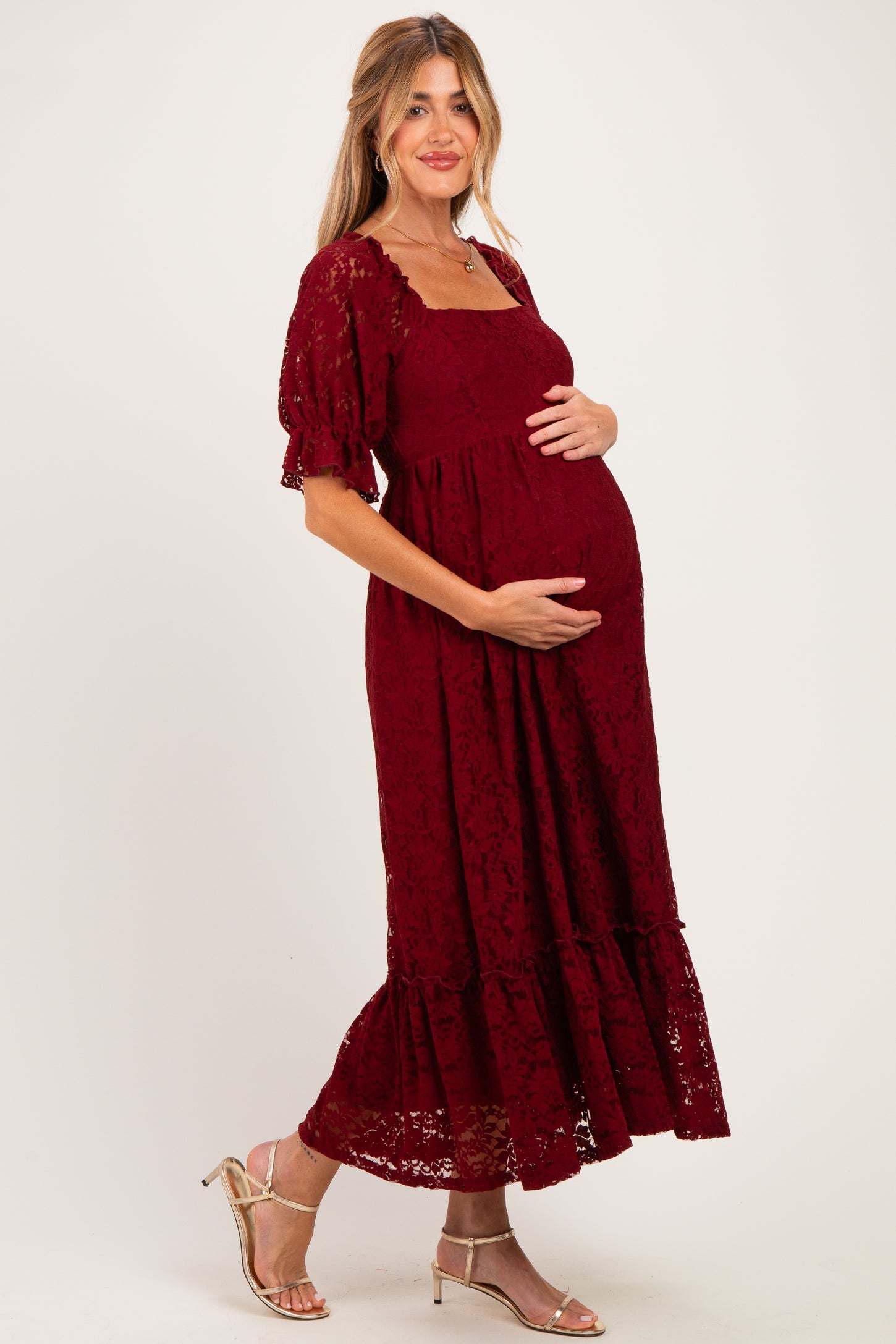 Burgundy Floral Lace Square Neck Maternity Maxi Dress