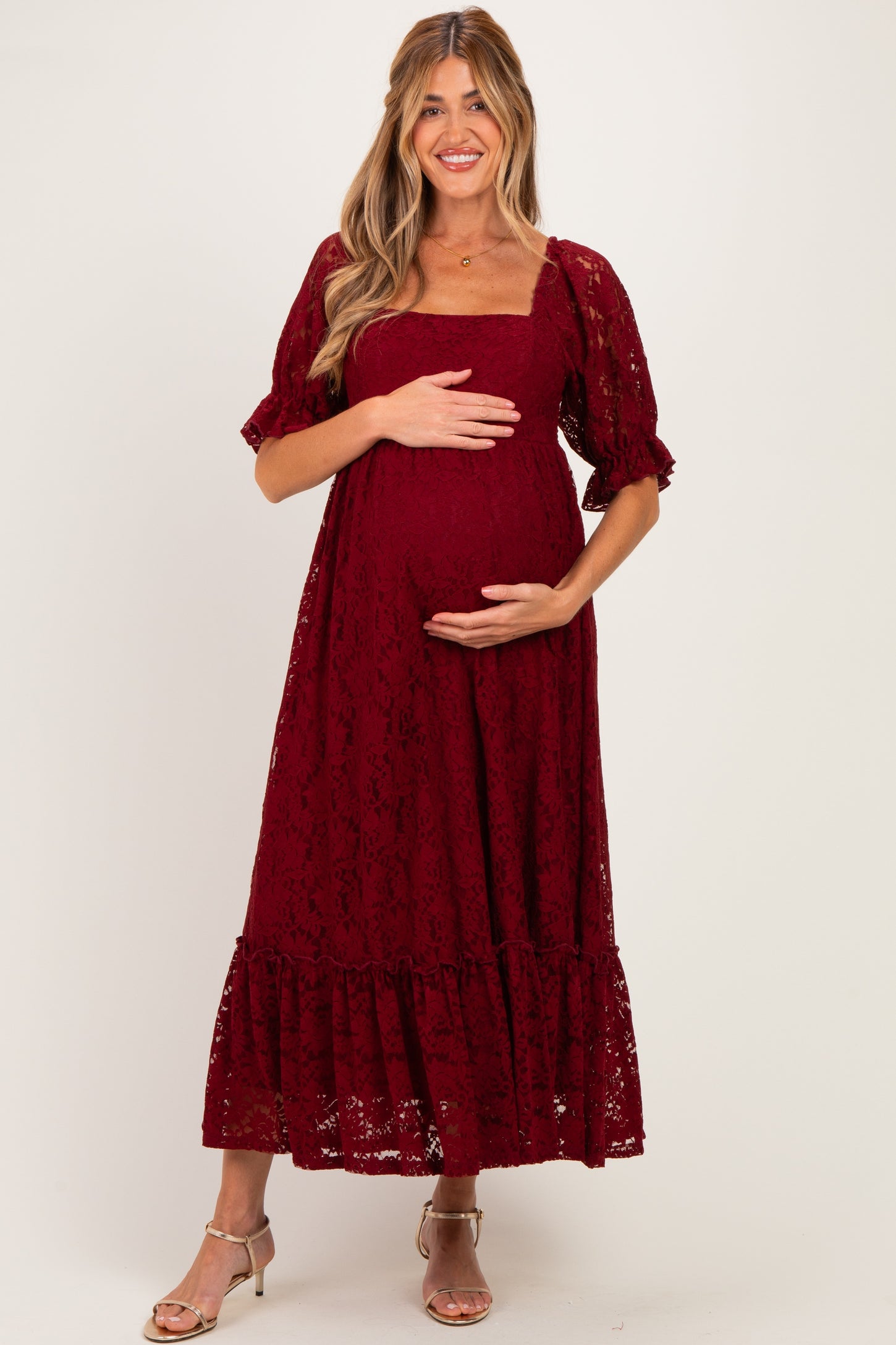 Burgundy Floral Lace Square Neck Maternity Maxi Dress
