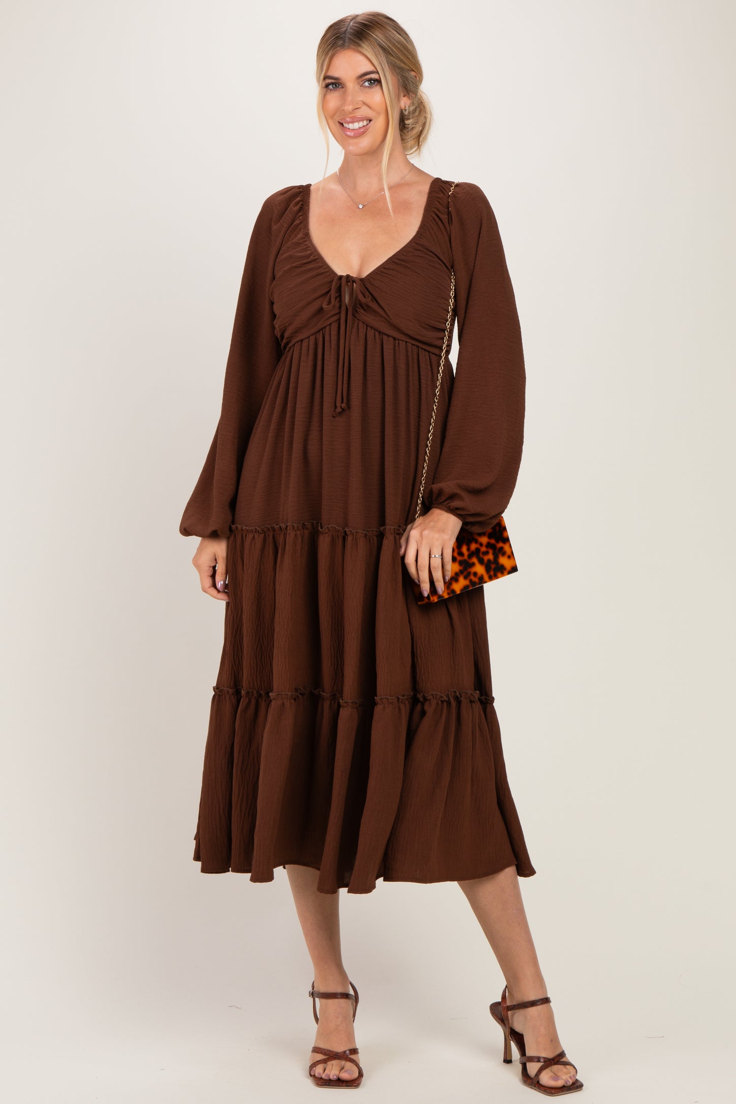 Brown Tiered Long Sleeve V-Neck Maternity Maxi Dress