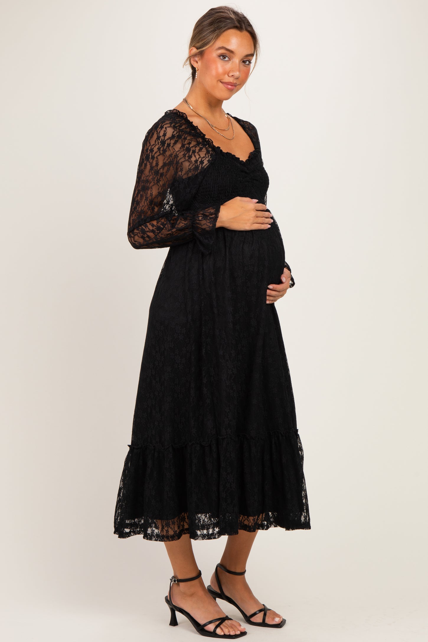 Black Sweetheart Lace Long Sleeve Maternity Maxi Dress