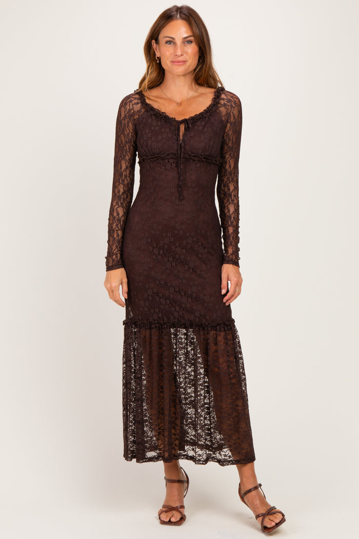 Brown Off Shoulder Long Sleeve Boho Maternity Maxi Dress