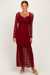 Burgundy Off Shoulder Long Sleeve Boho Maxi Dress