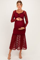 Burgundy Off Shoulder Long Sleeve Boho Maternity Maxi Dress