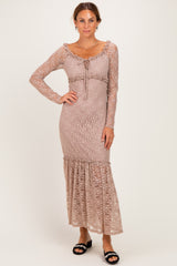 Mocha Off Shoulder Long Sleeve Boho Maternity Maxi Dress
