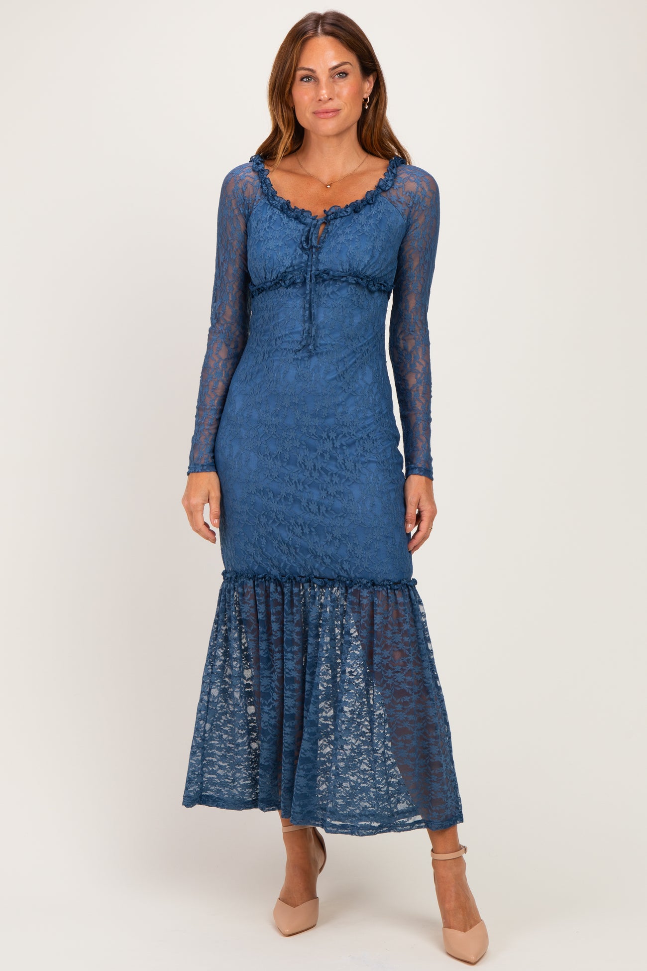 Blue Off Shoulder Long Sleeve Boho Maternity Maxi Dress