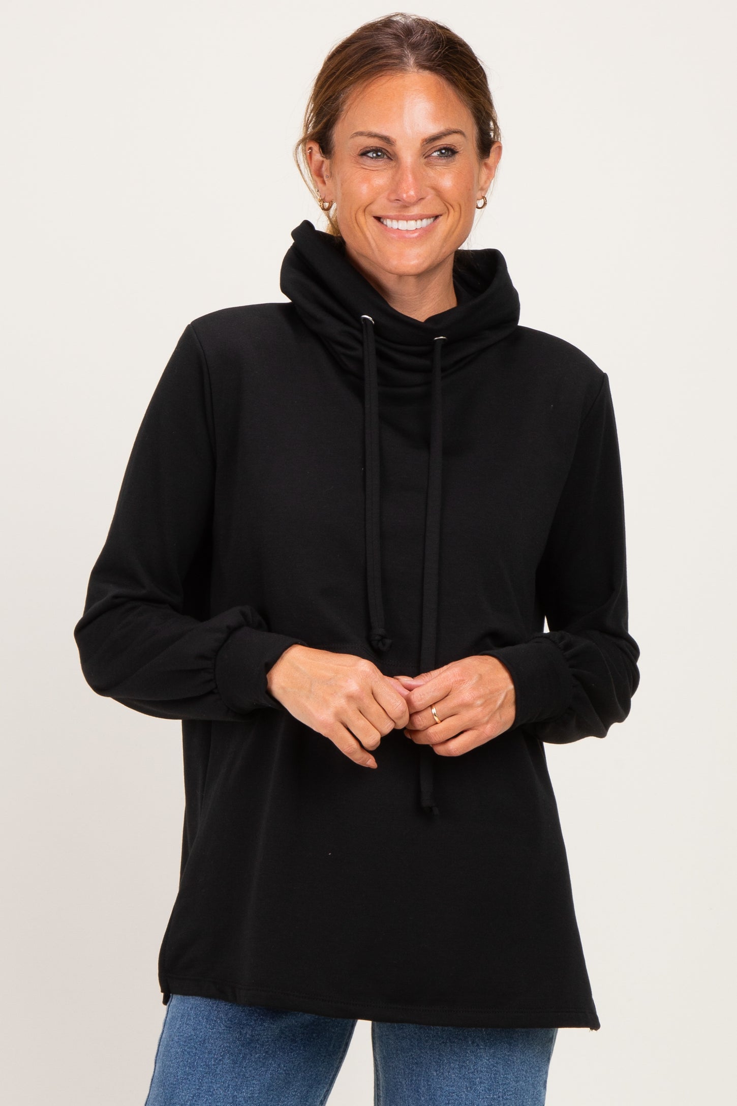 Black Long Sleeve Drawstring Hooded Pullover