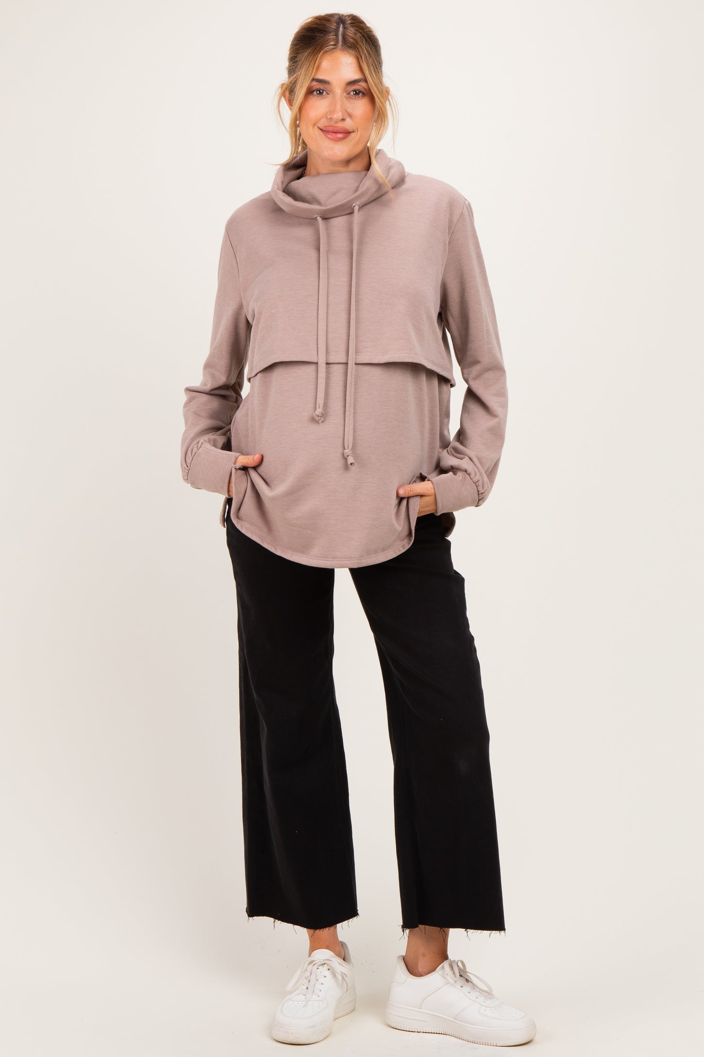 Mocha Long Sleeve Drawstring Hooded Maternity Pullover