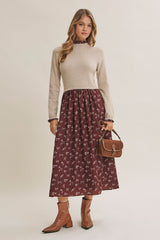Mocha Floral Sweater Contrast Midi Dress