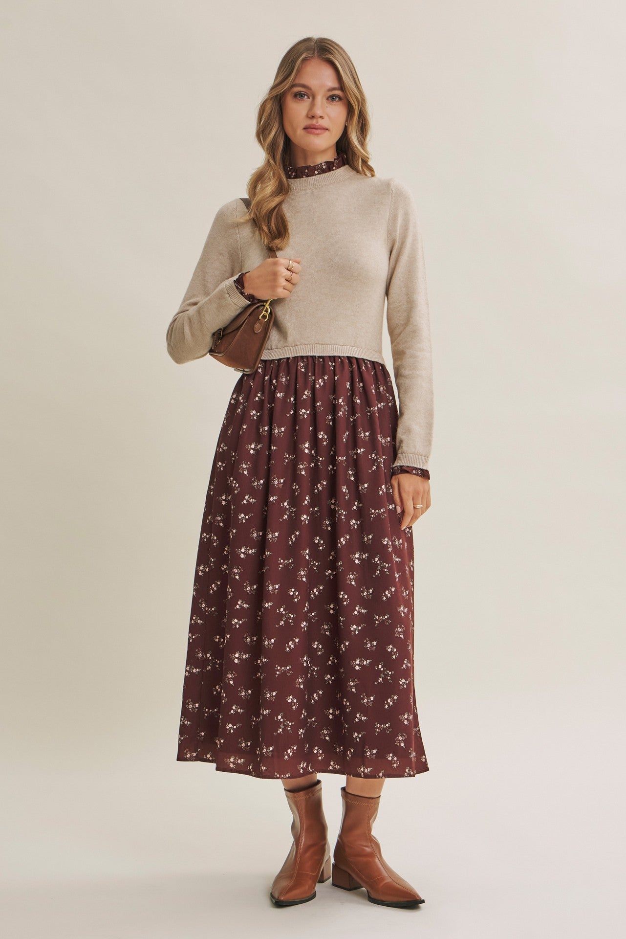Mocha Floral Sweater Contrast Midi Dress