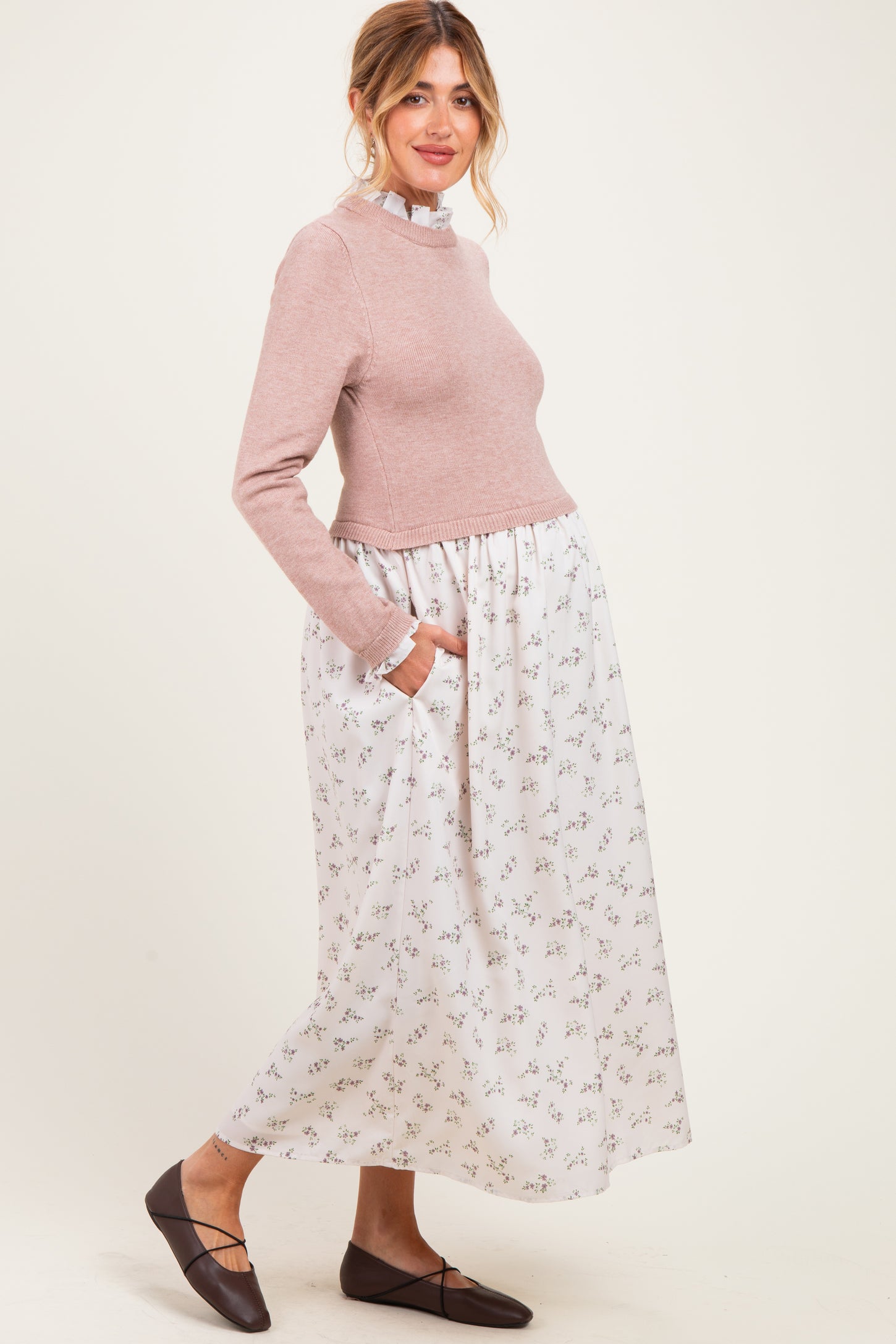 Cream Floral Sweater Contrast Maternity Midi Dress