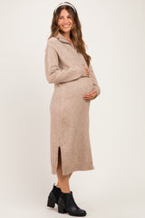 Light Mocha Half-Zip Collar Side Slit Maternity Midi Sweater Dress