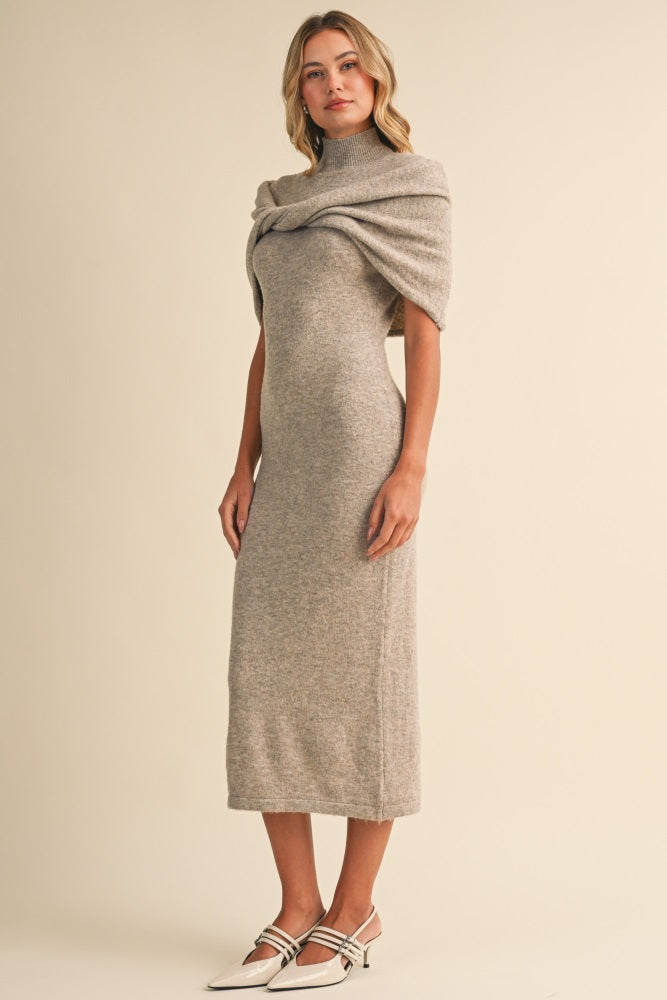 Sand Mock Neck Shawl Midi Sweater Dress