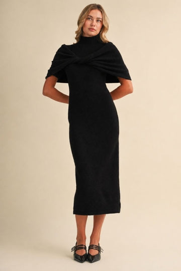 Black Mock Neck Shawl Midi Sweater Dress