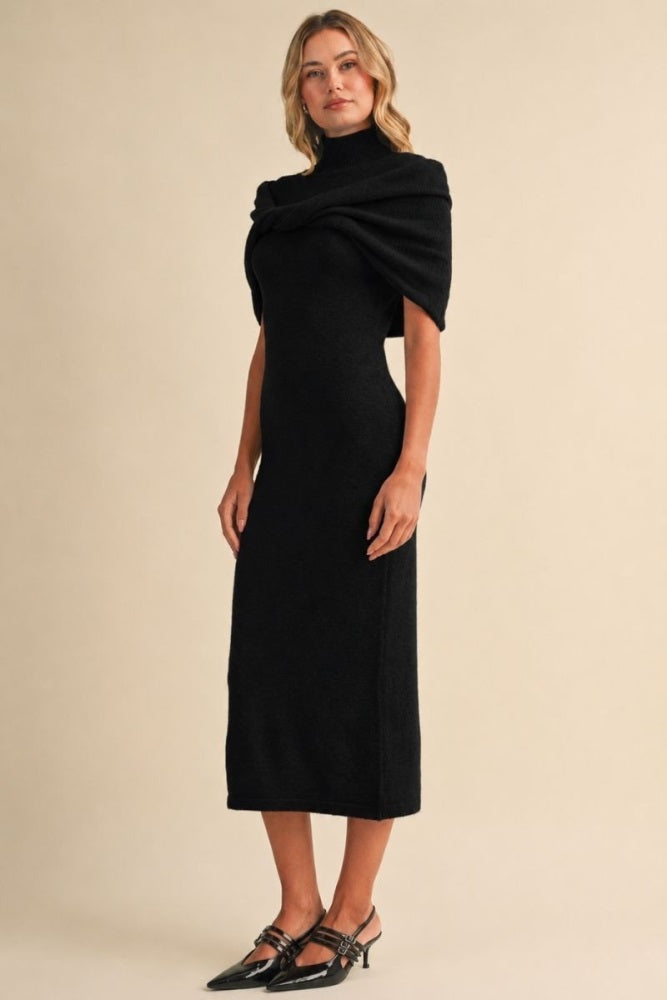 Black Mock Neck Shawl Midi Sweater Dress
