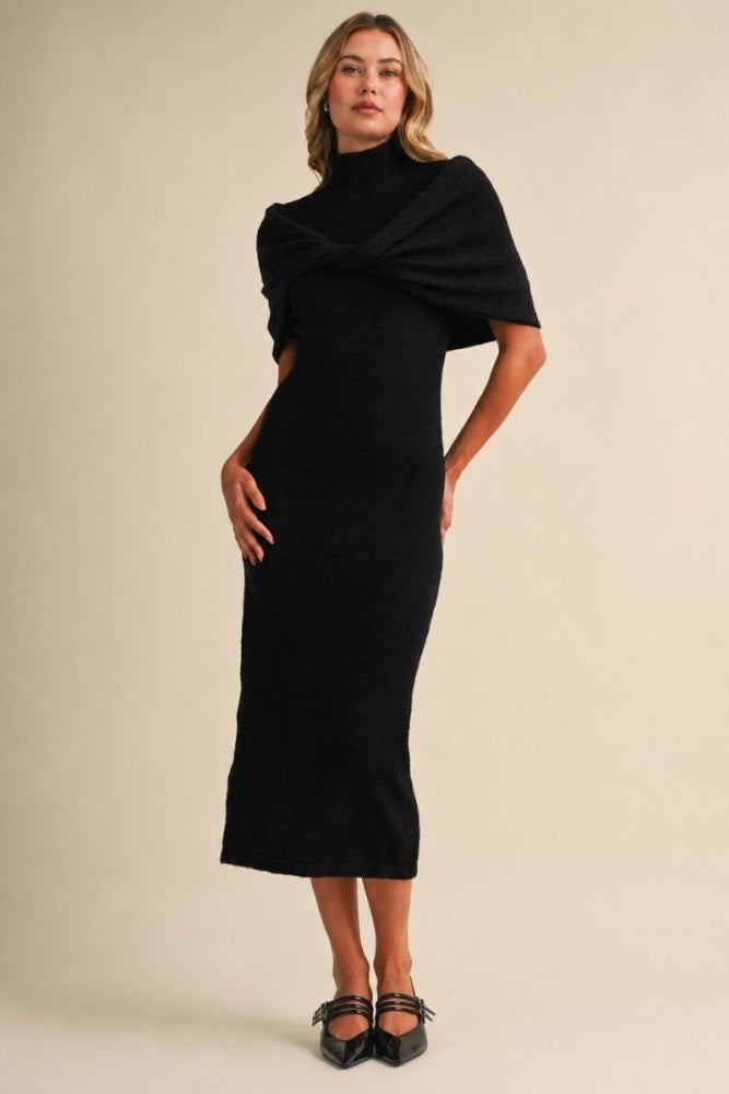 Black Mock Neck Shawl Midi Sweater Dress