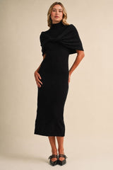 Black Mock Neck Shawl Midi Sweater Dress