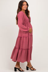 Mauve Tiered Long Sleeve V-Neck Maternity Maxi Dress