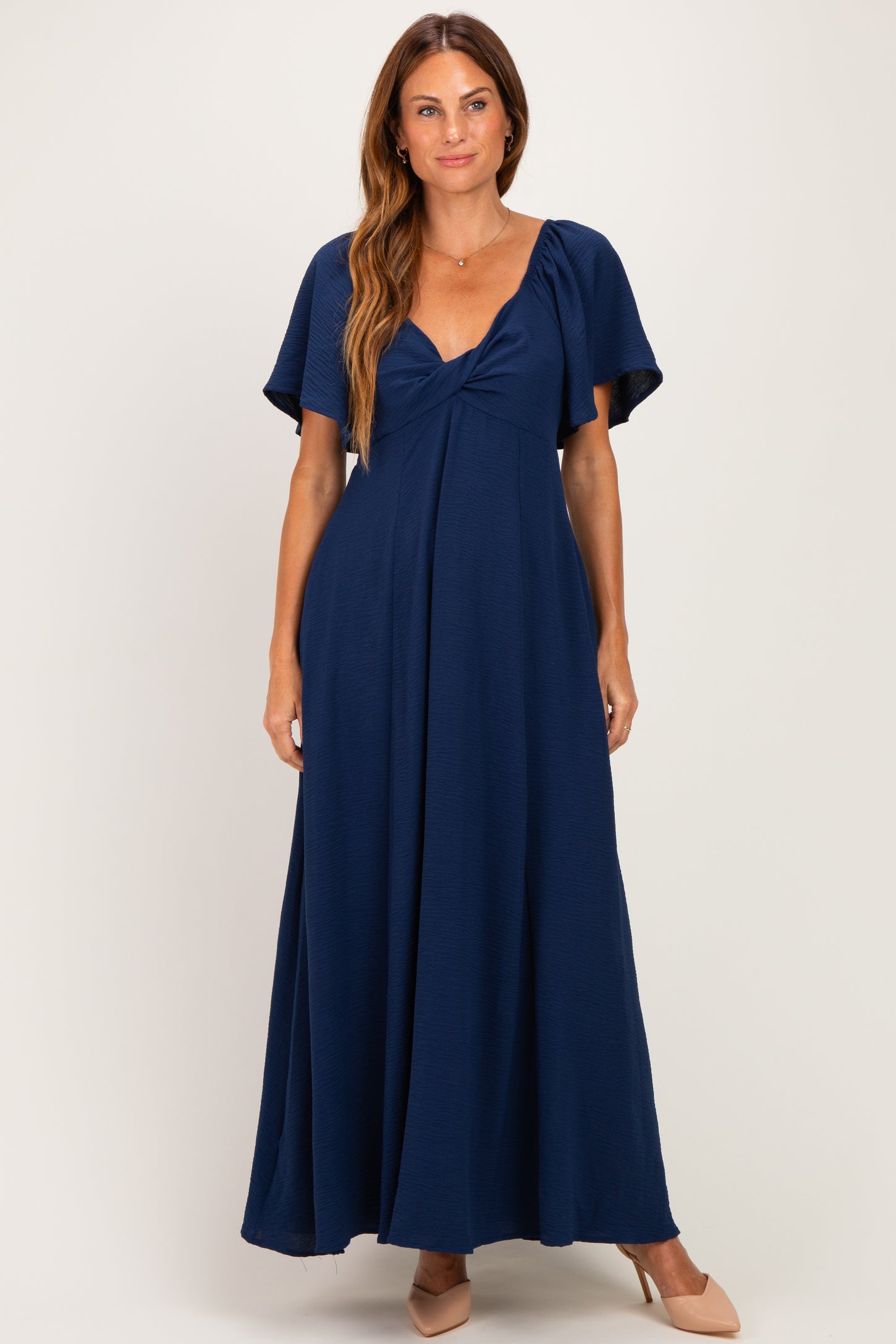 Navy Knotted V-Neck Flutter Sleeve Maxi Dress