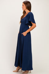 Navy Knotted V-Neck Flutter Sleeve Maxi Dress