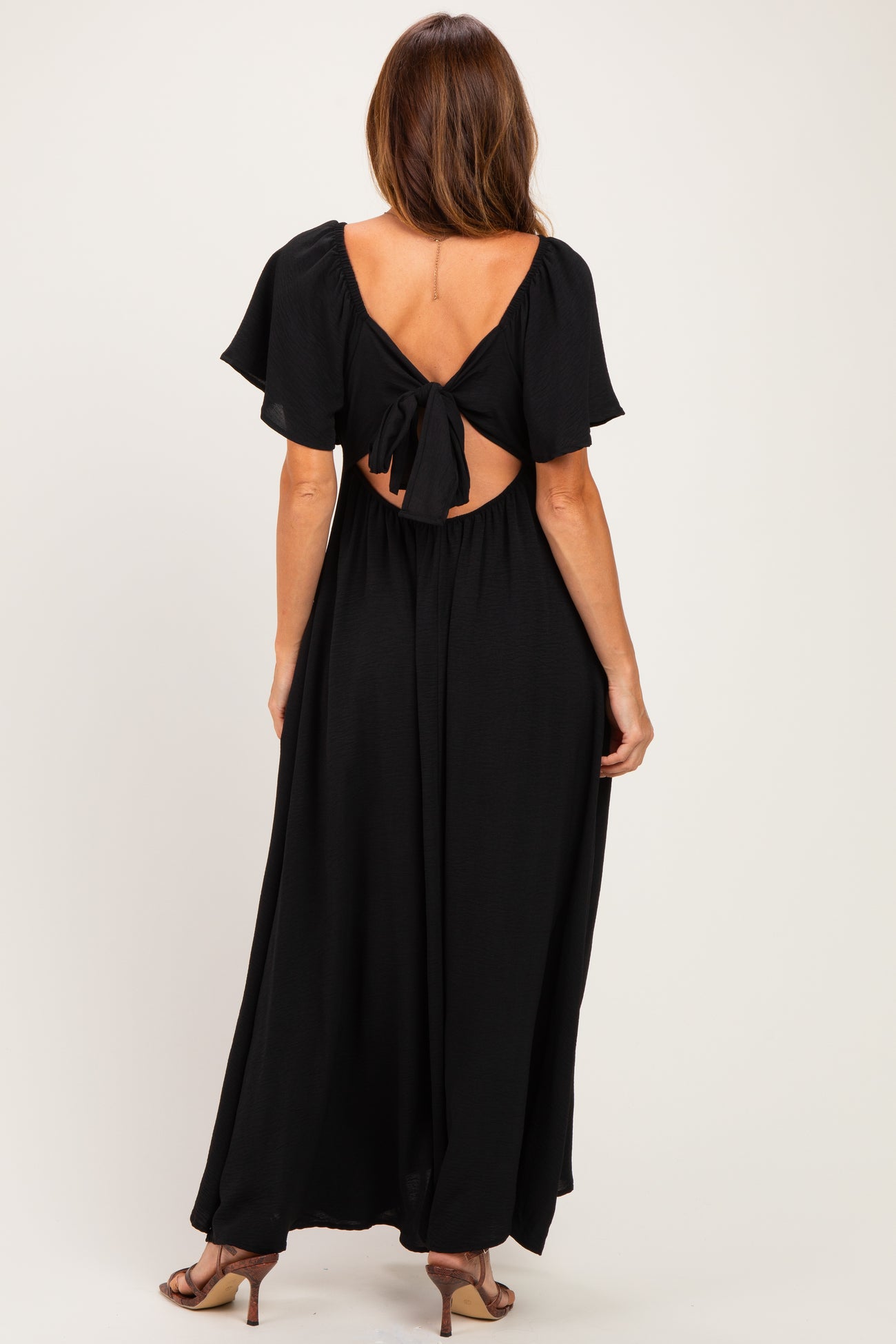 Black Knotted V-Neck Flutter Sleeve Maxi Dress