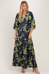 Navy Floral Satin Deep V-Neck Maternity Maxi Dress