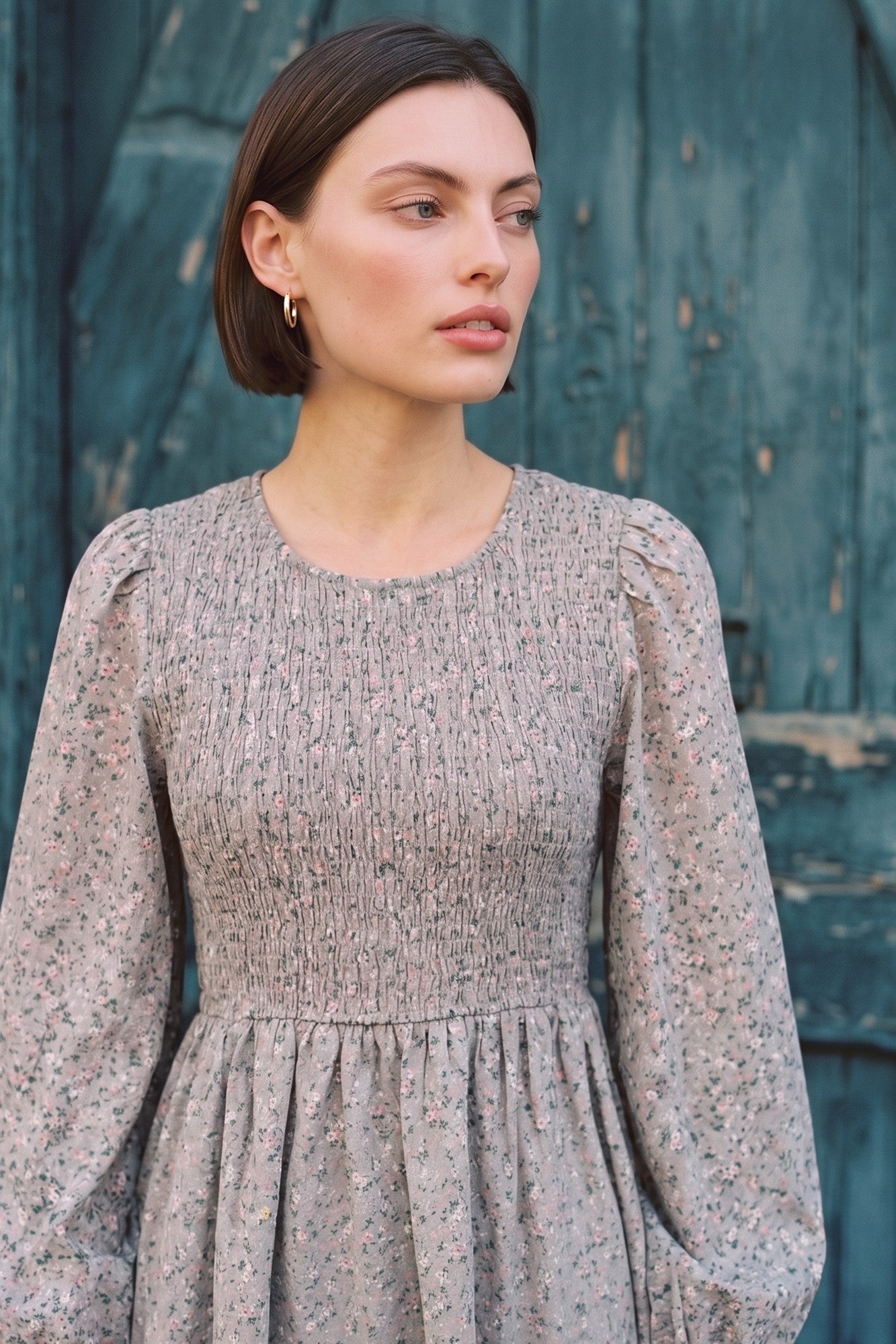 Dove Grey Floral Smocked Ruffle Hem Midi Dress