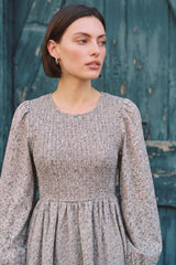 Dove Grey Floral Smocked Ruffle Hem Midi Dress