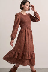 Cinnamon Floral Smocked Ruffle Hem Midi Dress