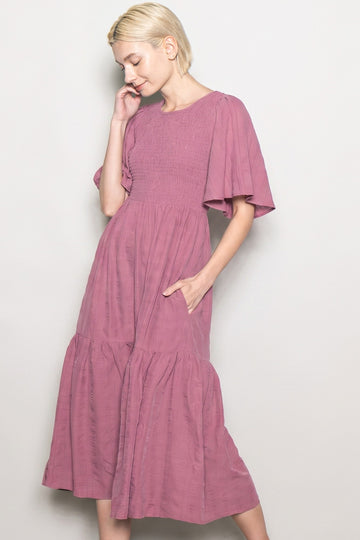 Mauve Flutter Sleeve Jacquard Smocked Midi Dress