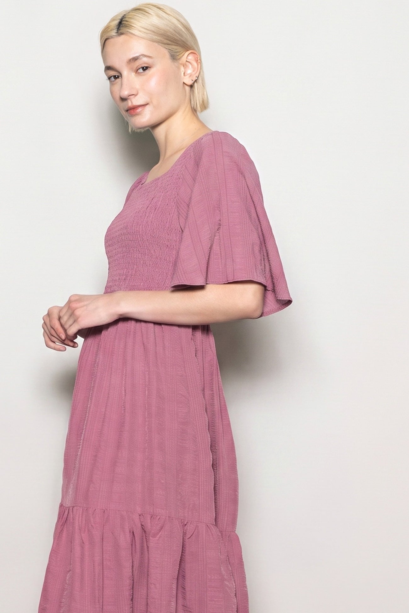 Mauve Flutter Sleeve Jacquard Smocked Midi Dress