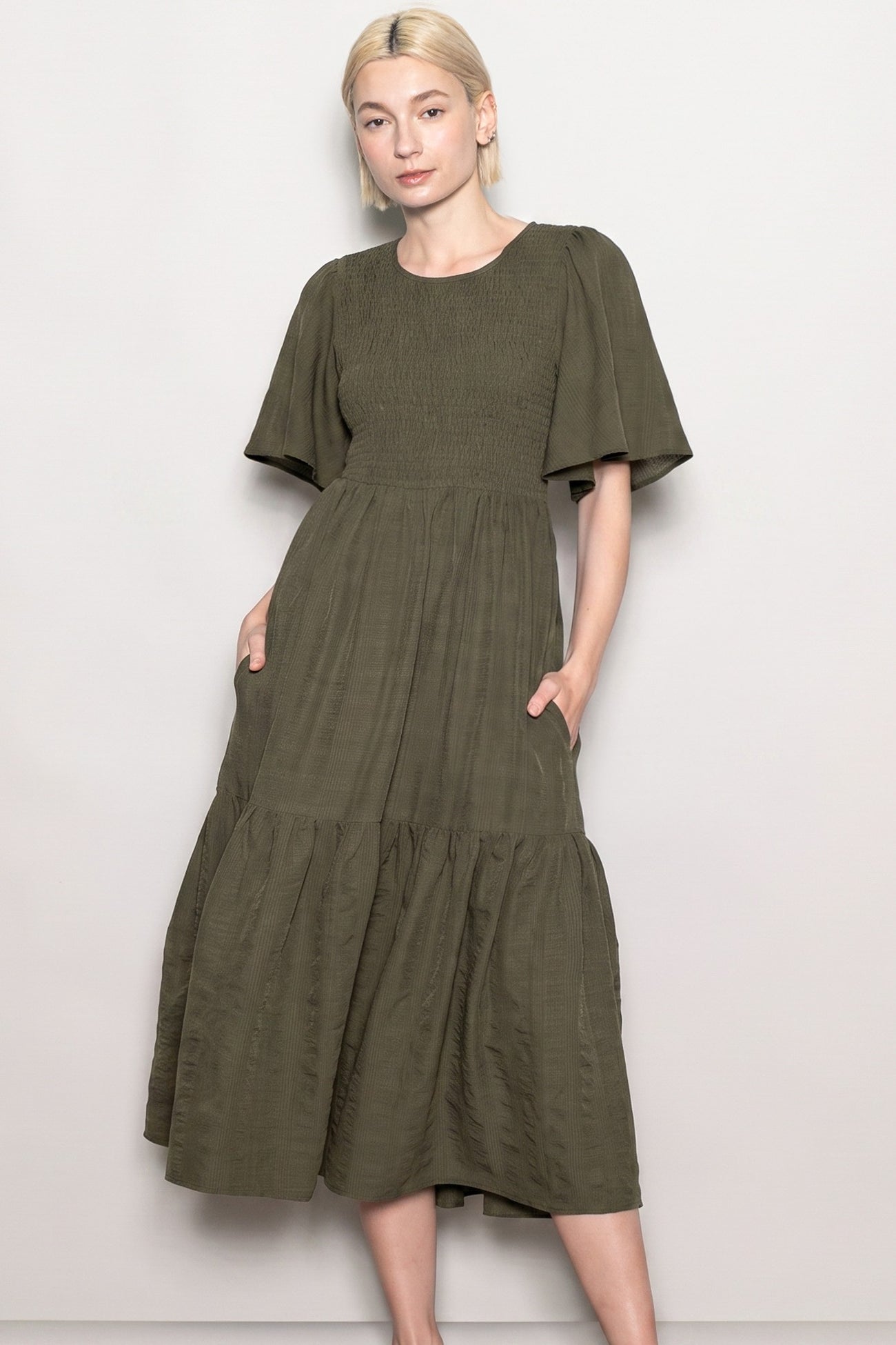 Olive Flutter Sleeve Jacquard Smocked Midi Dress