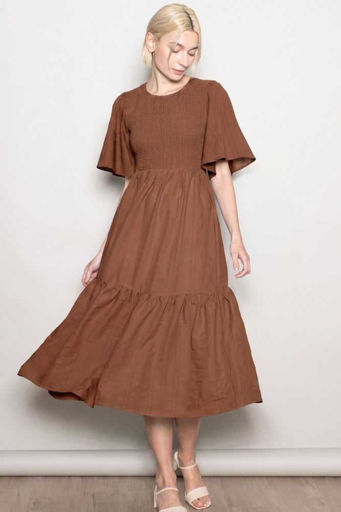Cinnamon Flutter Sleeve Jacquard Smocked Midi Dress