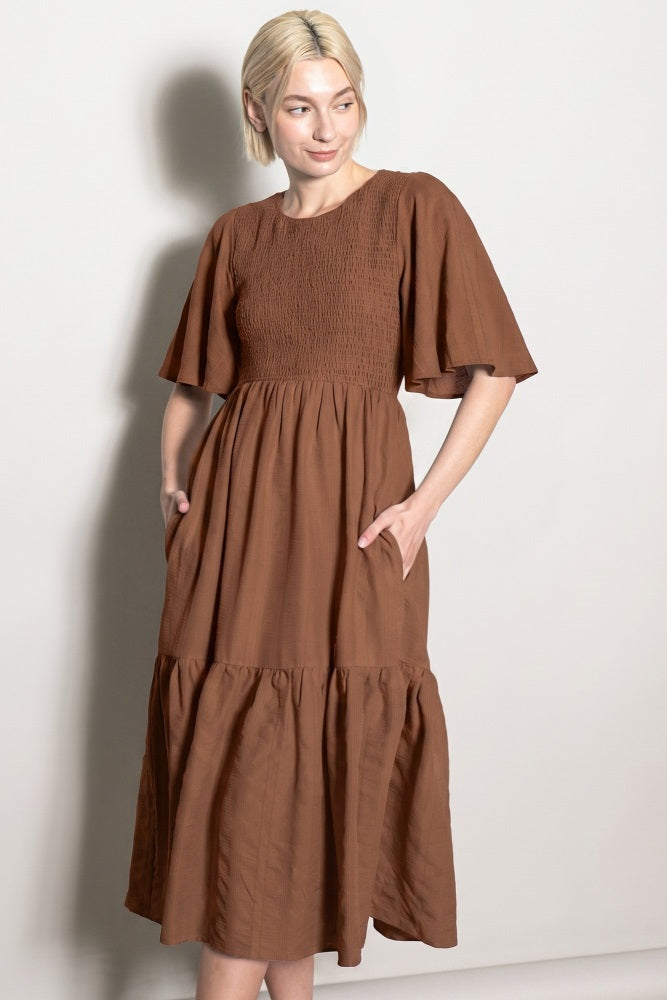 Cinnamon Flutter Sleeve Jacquard Smocked Midi Dress