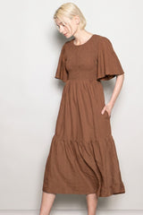 Cinnamon Flutter Sleeve Jacquard Smocked Midi Dress