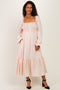 Beige Smocked Button Bodice Long Sleeve Maternity Maxi Dress
