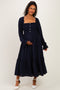 Navy Smocked Button Bodice Long Sleeve Maternity Maxi Dress