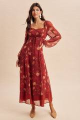 Burnt Ginger Floral Mesh Front Tie Maxi Dress