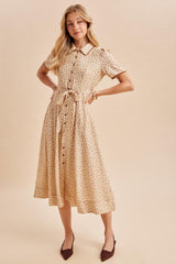 Buttercream Floral Button Down Tie Waist Midi Dress
