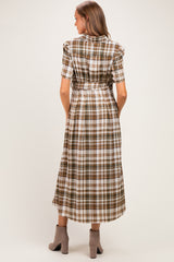 Dark Olive Plaid Button Down Maternity Midi Dress