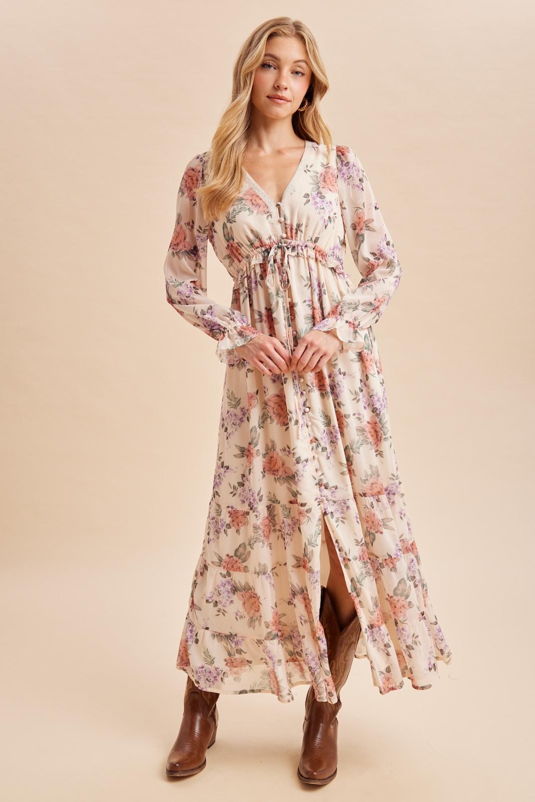 Cloud Floral Chiffon Button Down Maxi Dress