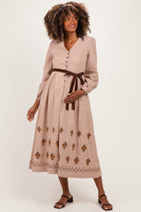 Sepia Button Down Embroidered Plaid Maternity Midi Dress