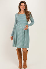 Sage/ Off White Striped Long Sleeve Maternity Nursing Dress