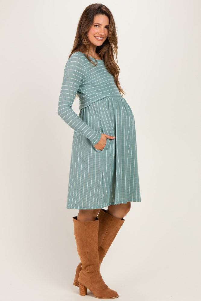 Sage/ Off White Striped Long Sleeve Maternity Nursing Dress